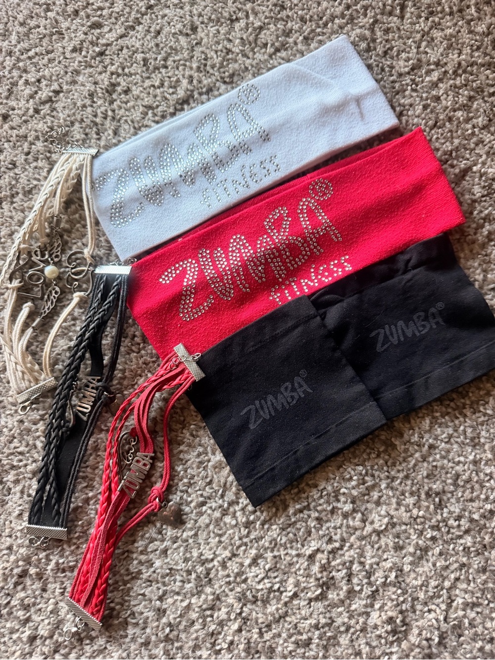 Zumba Fitness Lot-2 Rhinestone Headbands,2 Wristbands, 3 Charm Bracelets